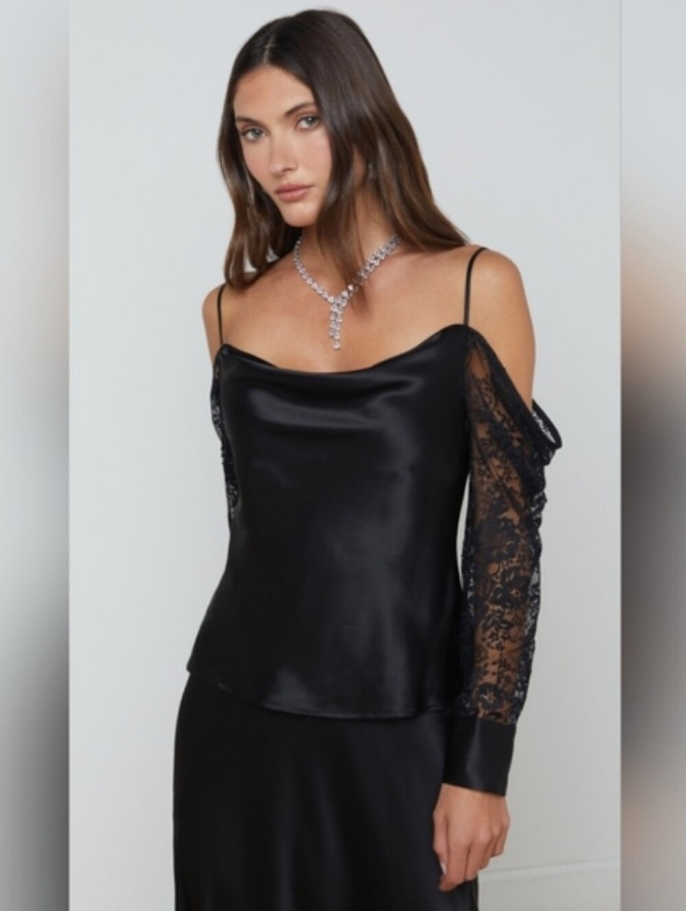 Lagence, New No Tag.. 100% Silk Cold-Shoulder Top with Lace Sleeve - Black.